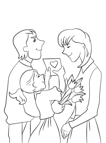 Online coloring book: Coloring page father and daughter give wishes to mom